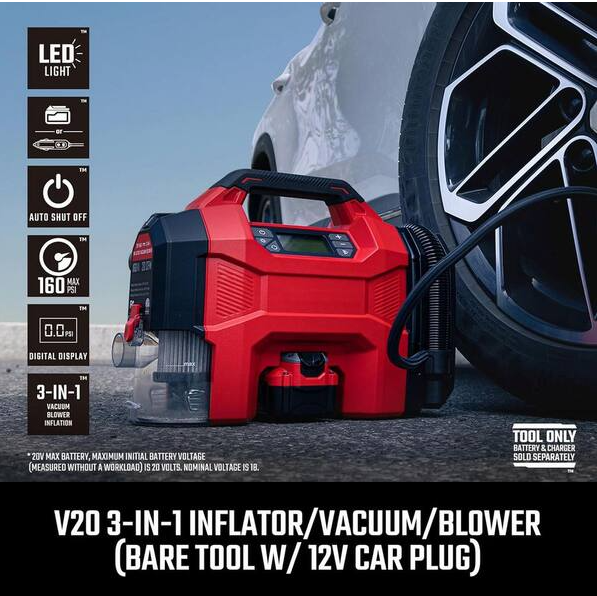 3-in-1 160 PSI Portable Electric Air Compressor, Car Vacuum, Dust Blower with LED Light Cordless 20-Volt & 12-Volt Power