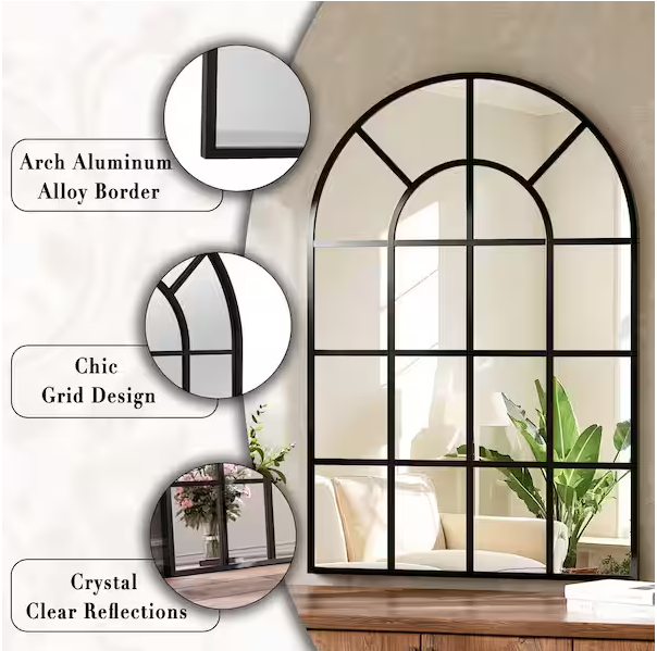 Black 24 in. W x 36 in. H Arched Windowpane Aluminum Alloy Framed Mirror Wall Mirror