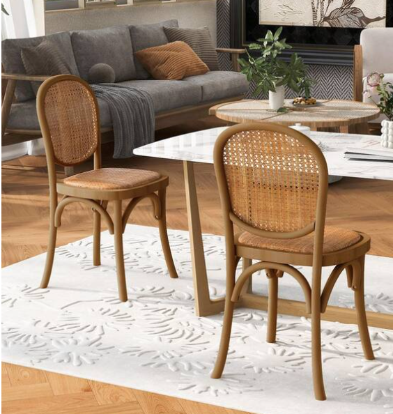 Harper & Bright Designs Light Brown Birch Wood Rattan Upholstered Dining Chair Set of 2