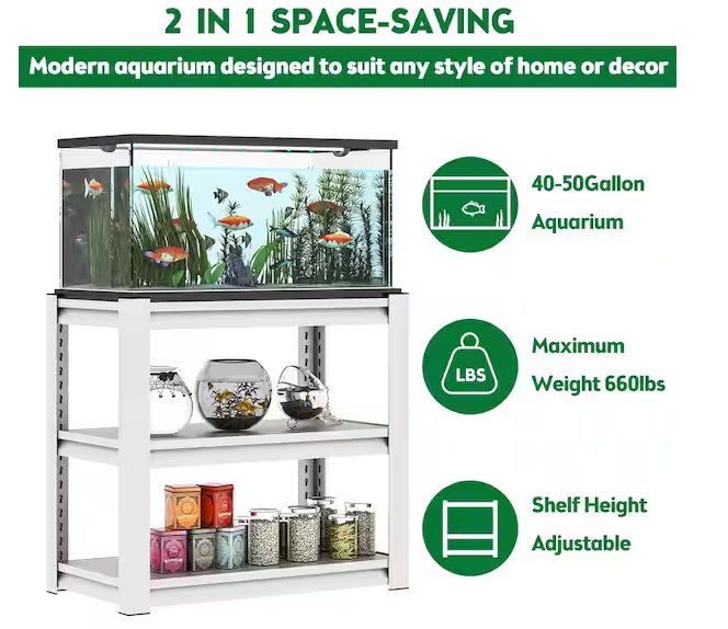 31.5 in. H 3-Shelf Antique White Metal Pantry Organizer 40-50 Gal. Fish Tank Stand Metal Shelving w/Adjustable Shelve