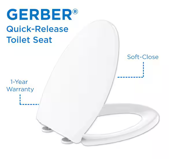 Gerber Elongated Soft Close Toilet Seat in White, Quick-Release for Easy Cleaning, Heavy-Duty Fade-Resistant Plastic