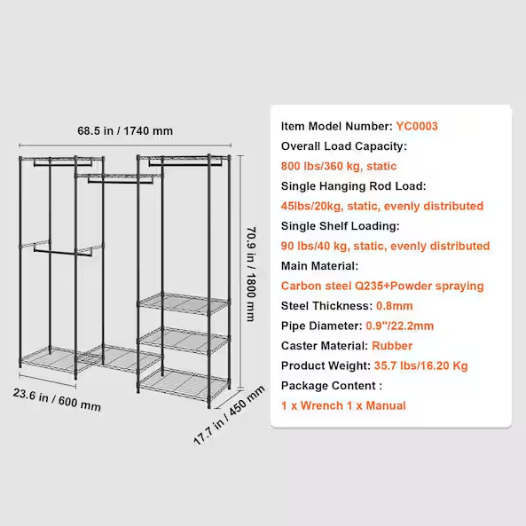 SKYSHALO Heavy Duty Clothes Rack, Rolling Clothing Garment Rack with 4-Hang Rods, Freestanding Wardrobe, 800 lbs. Load Black
