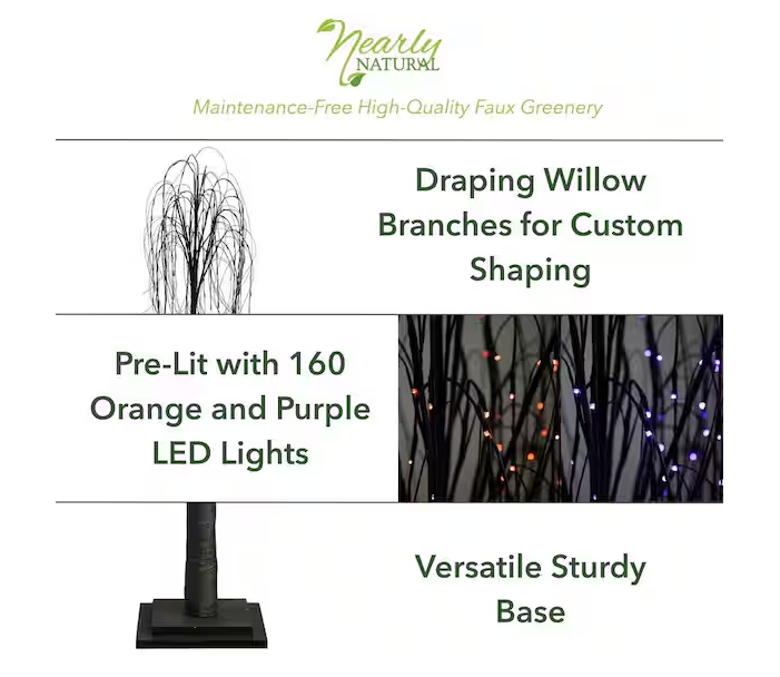 Nearly Natural 6 ft. Artificial Halloween Black Willow Tree Pre-Lit with Orange and Purple LED Lights