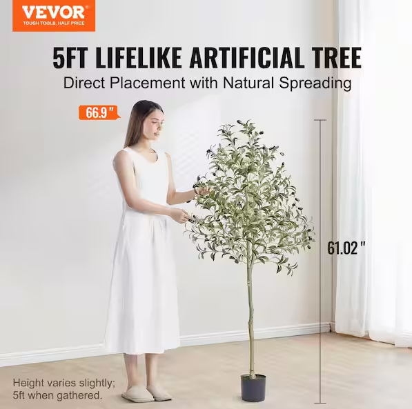 VEVOR 5 ft. Artificial Olive Tree Tall Faux Plant Secure PE Material and Anti-Tip Tilt Protection Low-Maintenance Plant
