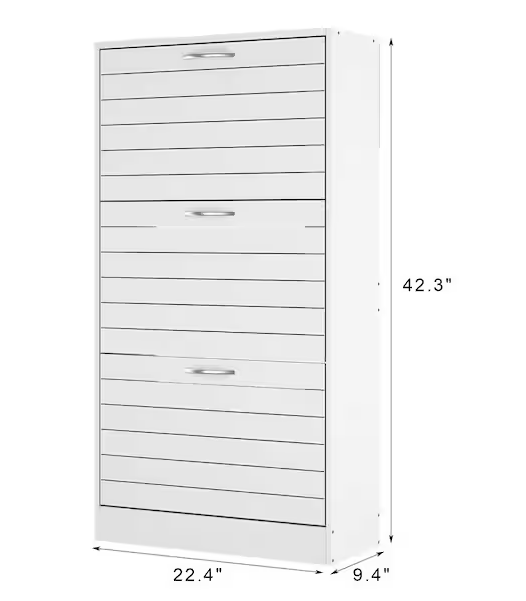 FUFU&GAGA 42.3 in. H x 22.4 in. W White Wooden Shoe Storage Cabinet with Silver Handles and 3-Drawers, for 18 Pairs