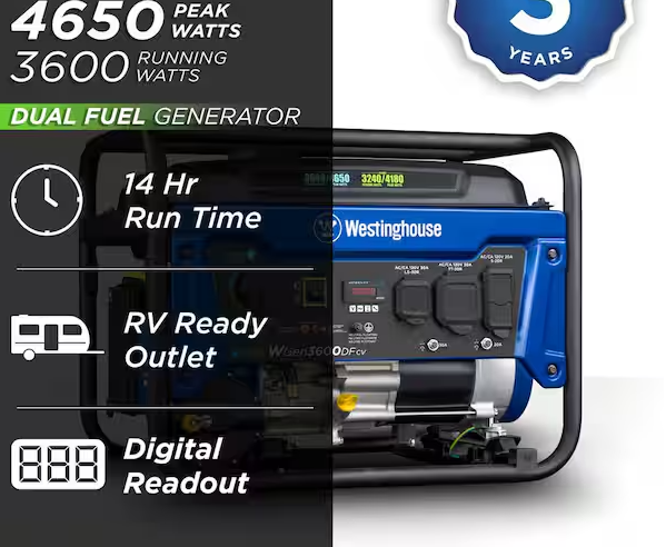 Westinghouse 4,650/3,600-Watt Dual Fuel Gas and Propane Powered Portable Generator with Recoil Start