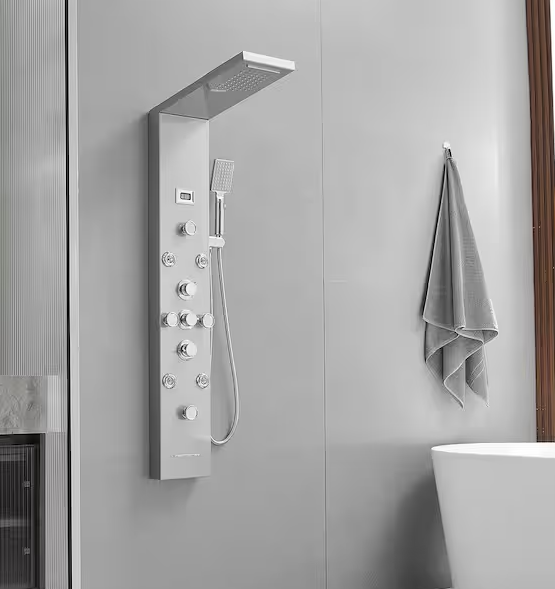BWE 8-Jet Rainfall Shower Tower Shower Panel System with Rainfall Waterfall Shower Head and Shower Wand in chrome Nickel