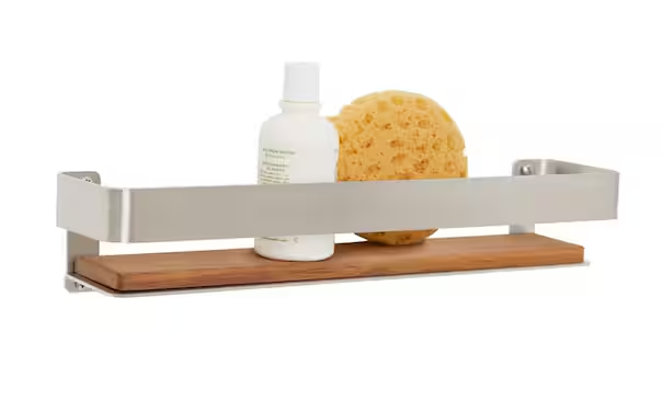 SEACHROME 18 in. x 4 in. Rectangular Shower Shelf with Rail in Satin and Natural Teak Wood Insert