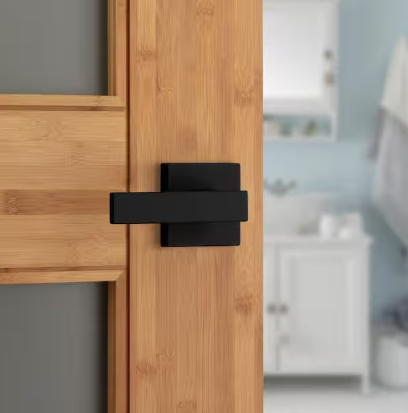 Kwikset Singapore Square Matte Black Bed/Bath Door Handle with Microban and Lock