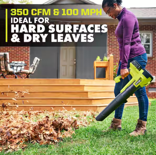 RYOBI ONE+ 18V 100 MPH 350 CFM Cordless Battery Variable Speed Jet Fan Leaf Blower with 4.0 Ah Battery and Charger