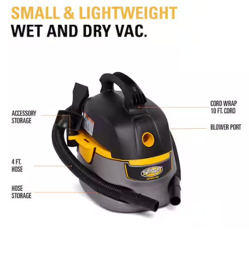 Stinger 2.5 Gal. 1.75 Peak HP Small Shop Vacuum Wet Dry Vac with Filter Bag, Hose, Utility and Car Nozzle Attachments HD2025