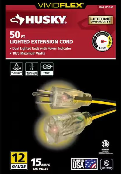 Husky VividFlex 50 ft. 12 / 3 Heavy Duty Indoor/Outdoor Extension Cord with Lighted End, Yellow