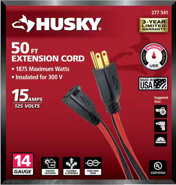 Husky 50 ft. 14/3 Medium Duty Indoor/Outdoor Extension Cord, Red/Black