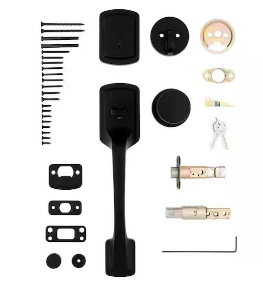 Kwikset Prague Matte Black Single Cylinder Entry Door Handleset with Round Pismo Knob Featuring SmartKey Security