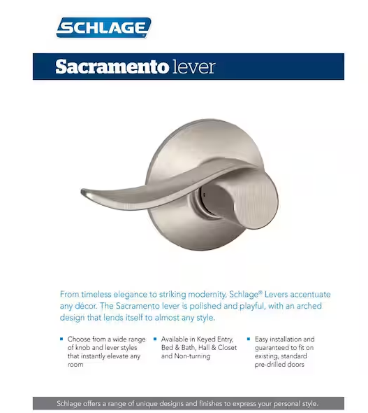 Schlage Sacramento Satin Nickel Privacy Bed/Bath Door Handle