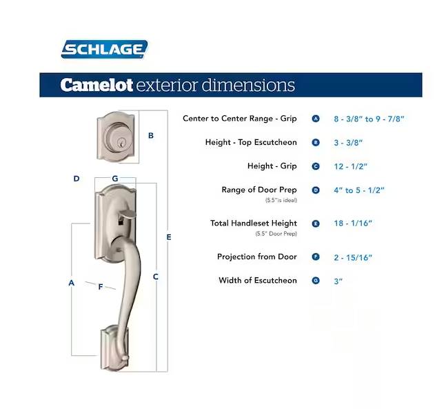 Schlage Camelot Satin Nickel Single Cylinder Door Handleset with Georgian Knob