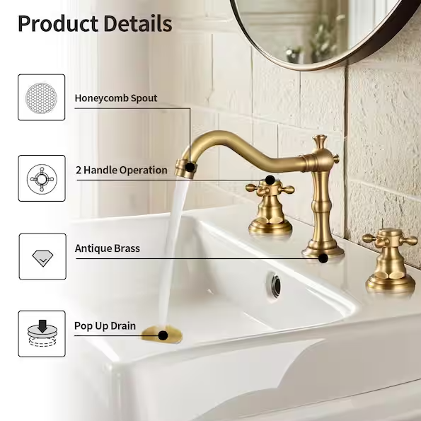 AKLFGN Double Handle 8 in. Widespread Bathroom Faucet 3 Hole Waterfall Bathroom Sink Faucet in Antique Brass