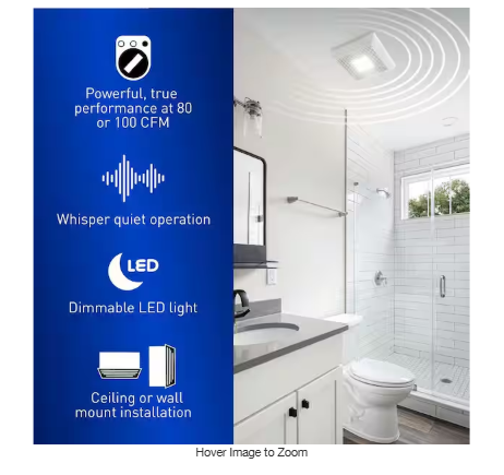WhisperThin DC LED Pick-A-Flow 80 -100 CFM Ceiling/Wall Bathroom Exhaust Fan, 3-3/8 in. Low Profile Housing