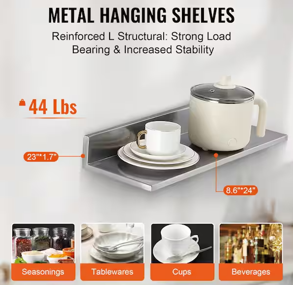 8.6 in. x 24 in. Stainless Steel Shelf, Wall Mounted Floating Shelving with Backsplash, 44 lbs. Load Capacity.Silver. 2 PIECES