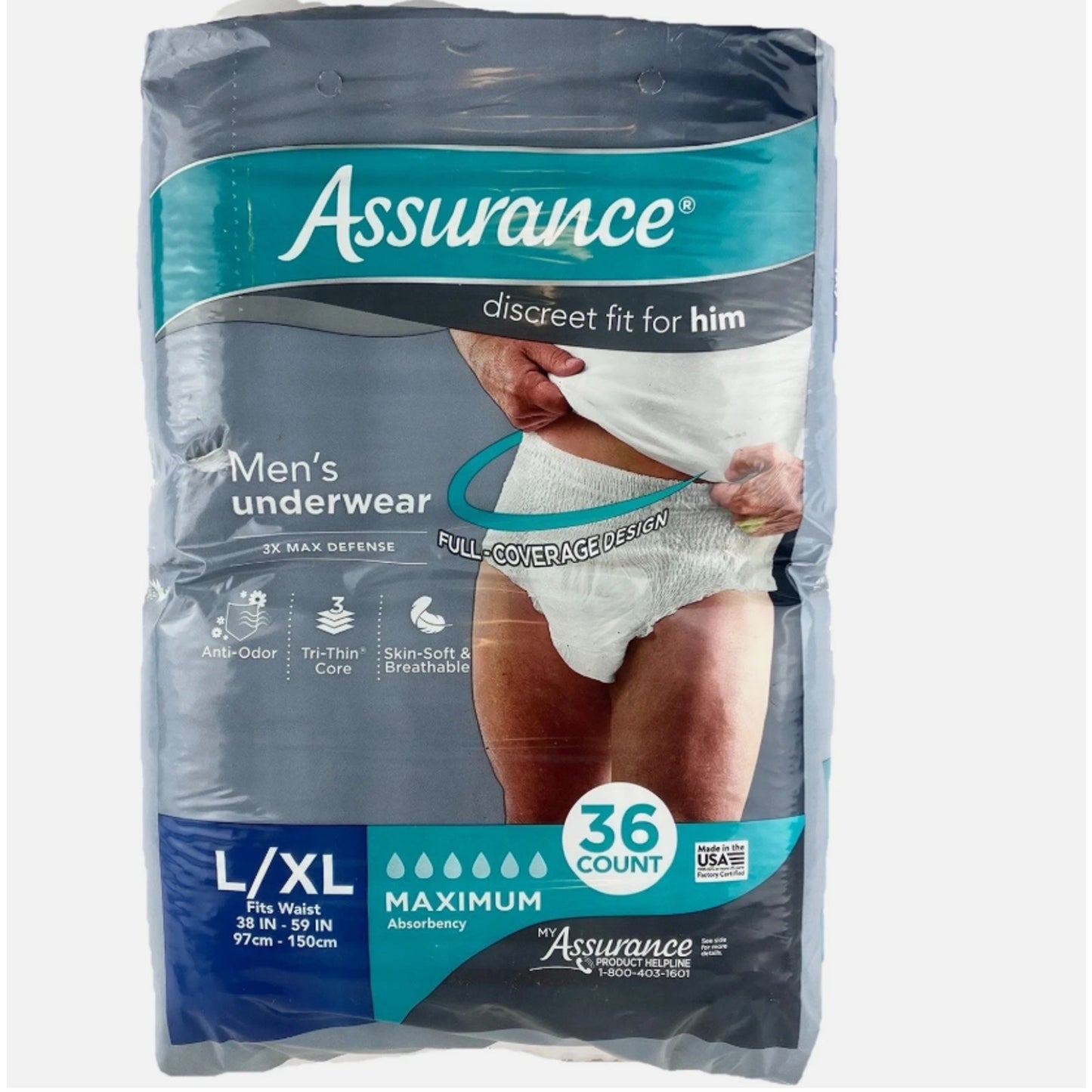 Assurance Mens Incontinence Underwear L/XL Maximum Absorbency 36 Count New