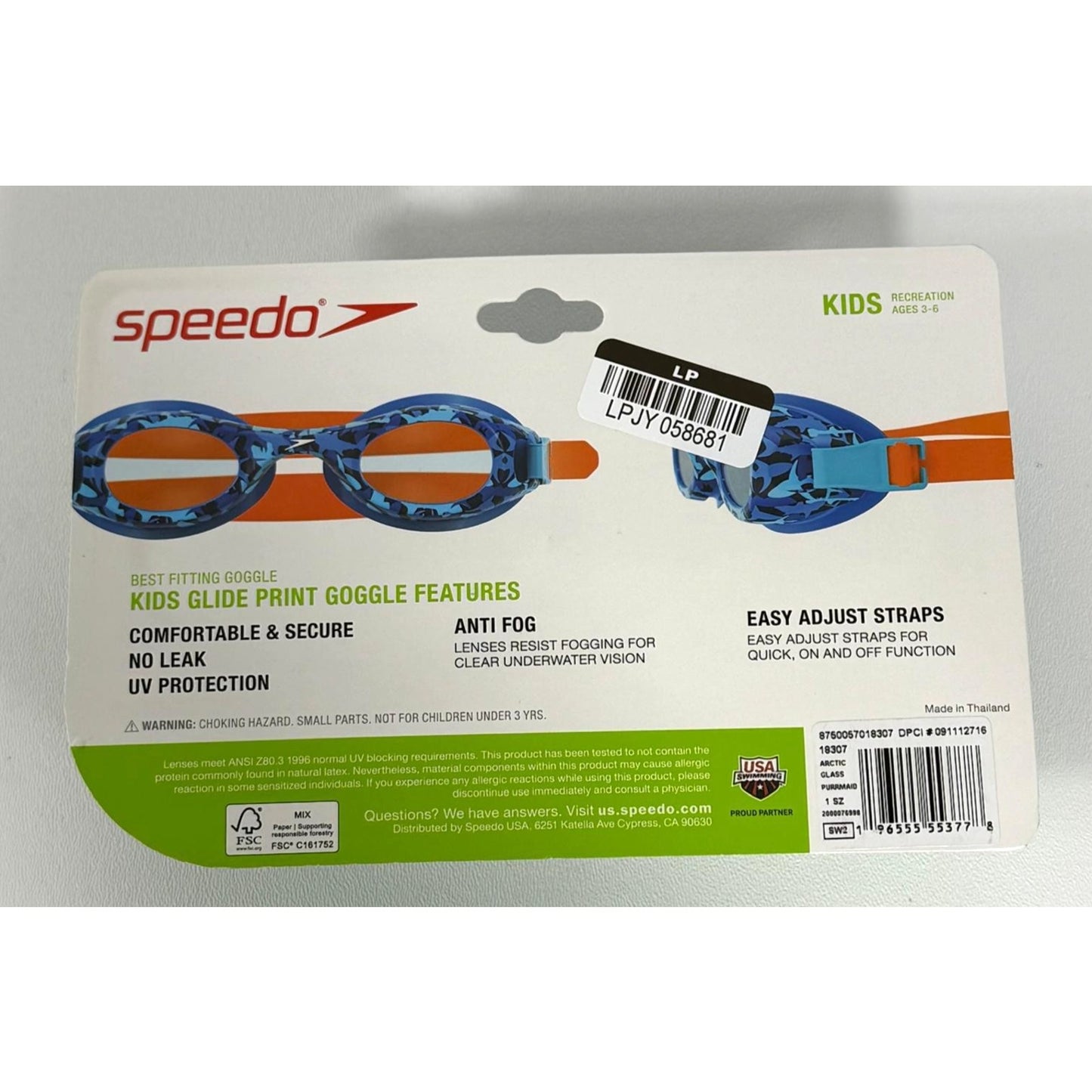 Speedo Kids Glide Print Goggles UV Protection Anti Fog Easy Adjust Straps