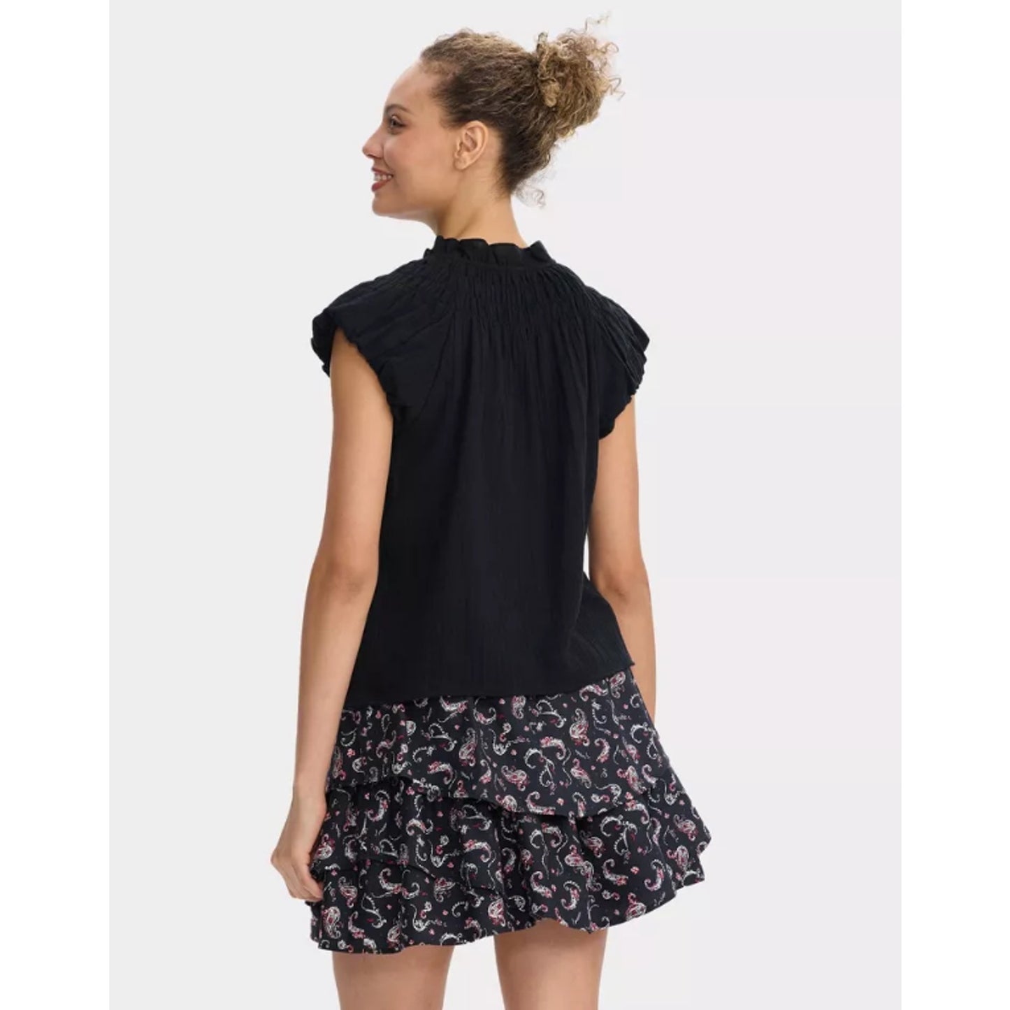 Women's Smocked Puff Short Sleeve Button-Front Blouse -Universal Thread Black XS