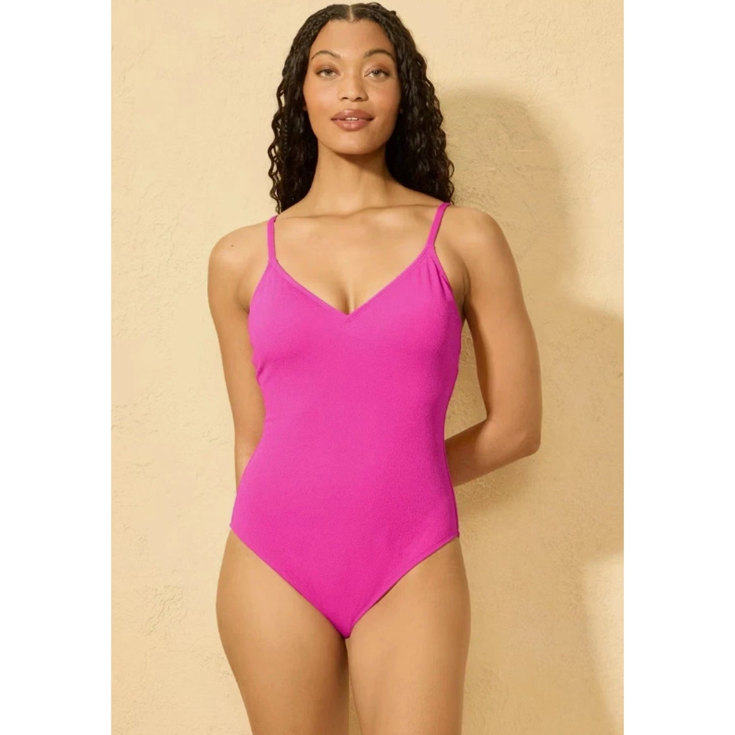 Women's Micro Crinkle V Neck Swimsuit - Shade & Shore Dark Pink Medium 8-10