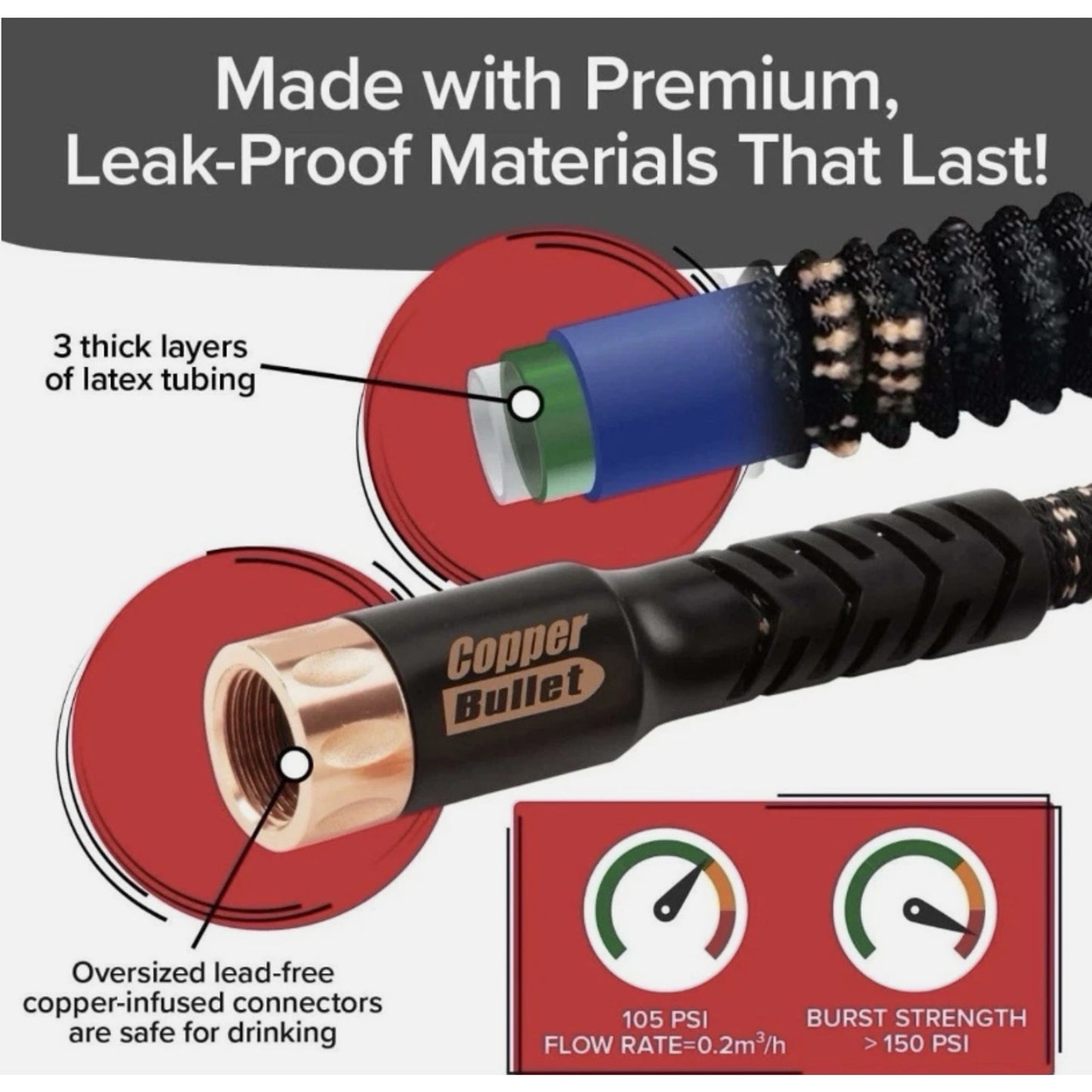 Pocket Hose 100 Ft. 3/4” Copper Bullet with 10 Spray Pattern Sprayer