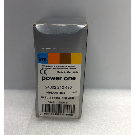Implant Plus 60 Cochlear Batteries By Power One Size 675 Zinc air Mercury-Free
