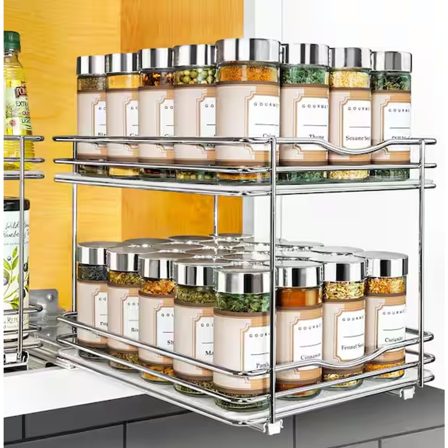 8-1/4 In. Wide - Double Silver Chrome Slide Out Spice Rack Pull Out Cabinet Orga
