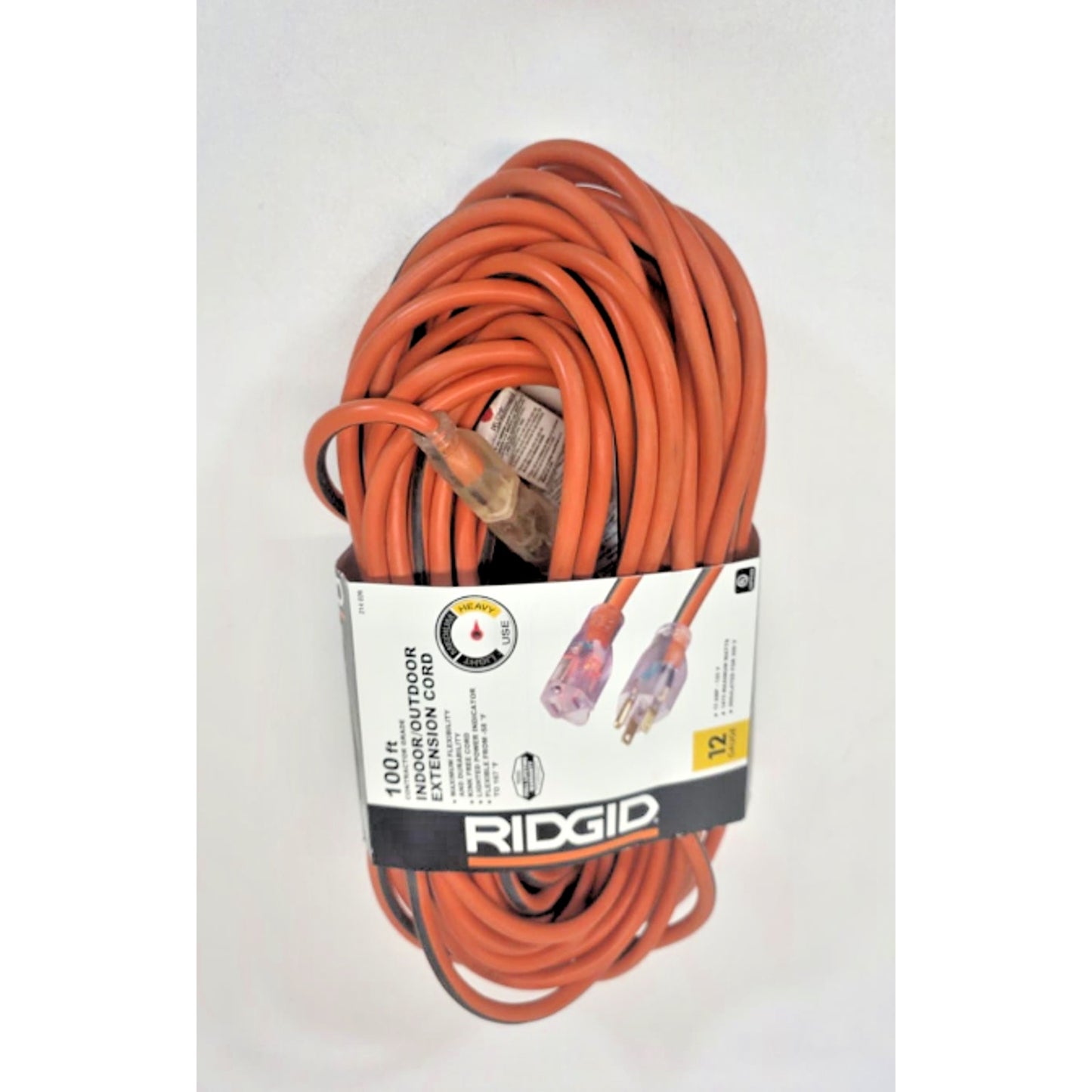 RIDGID Indoor/Outdoor Extension Cord 100' 12/3 Heavy Duty Lighted End Orange