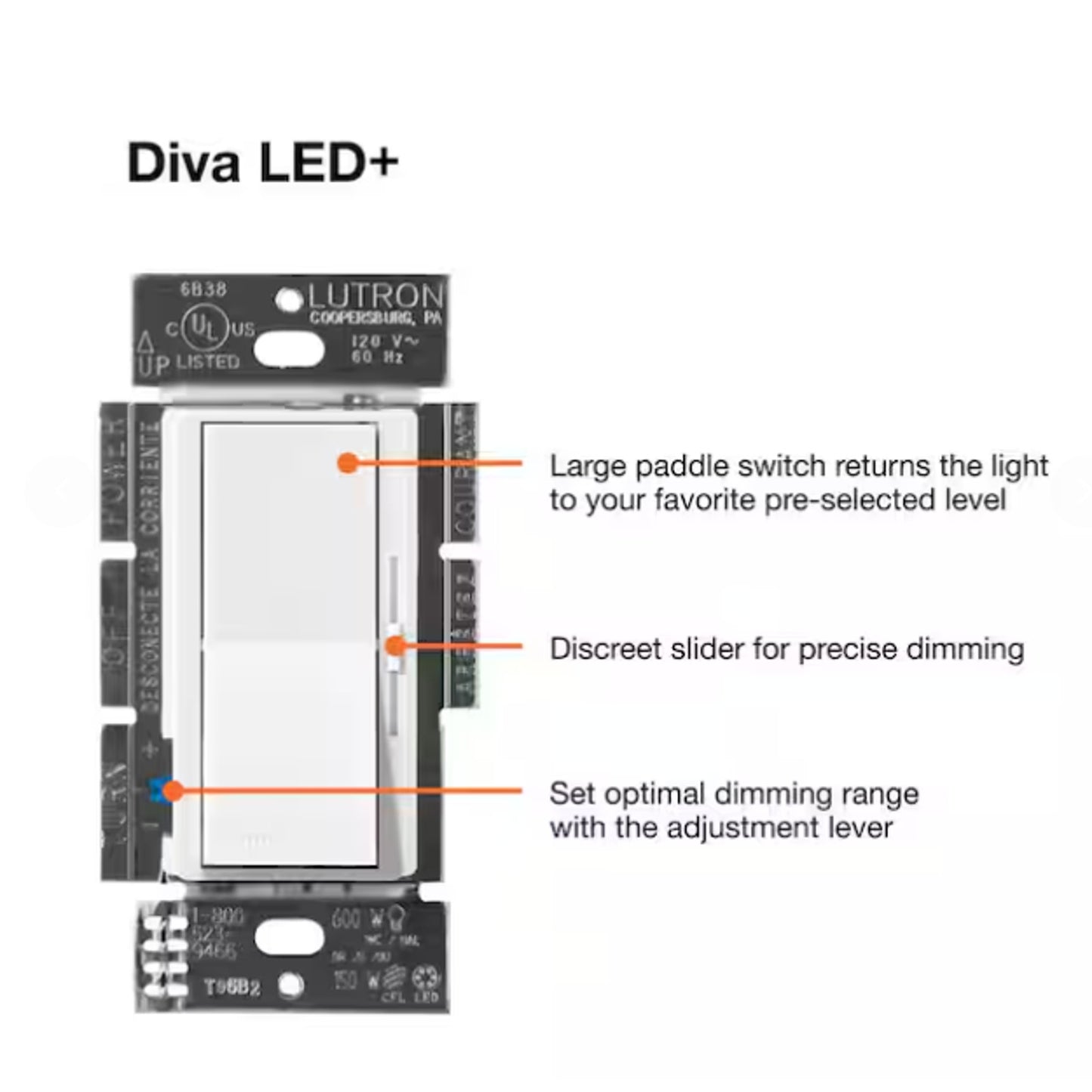 Lutron Diva LED+ Dimmer Switch DVCL-153PH-BL Single-Pole/3 Way - White