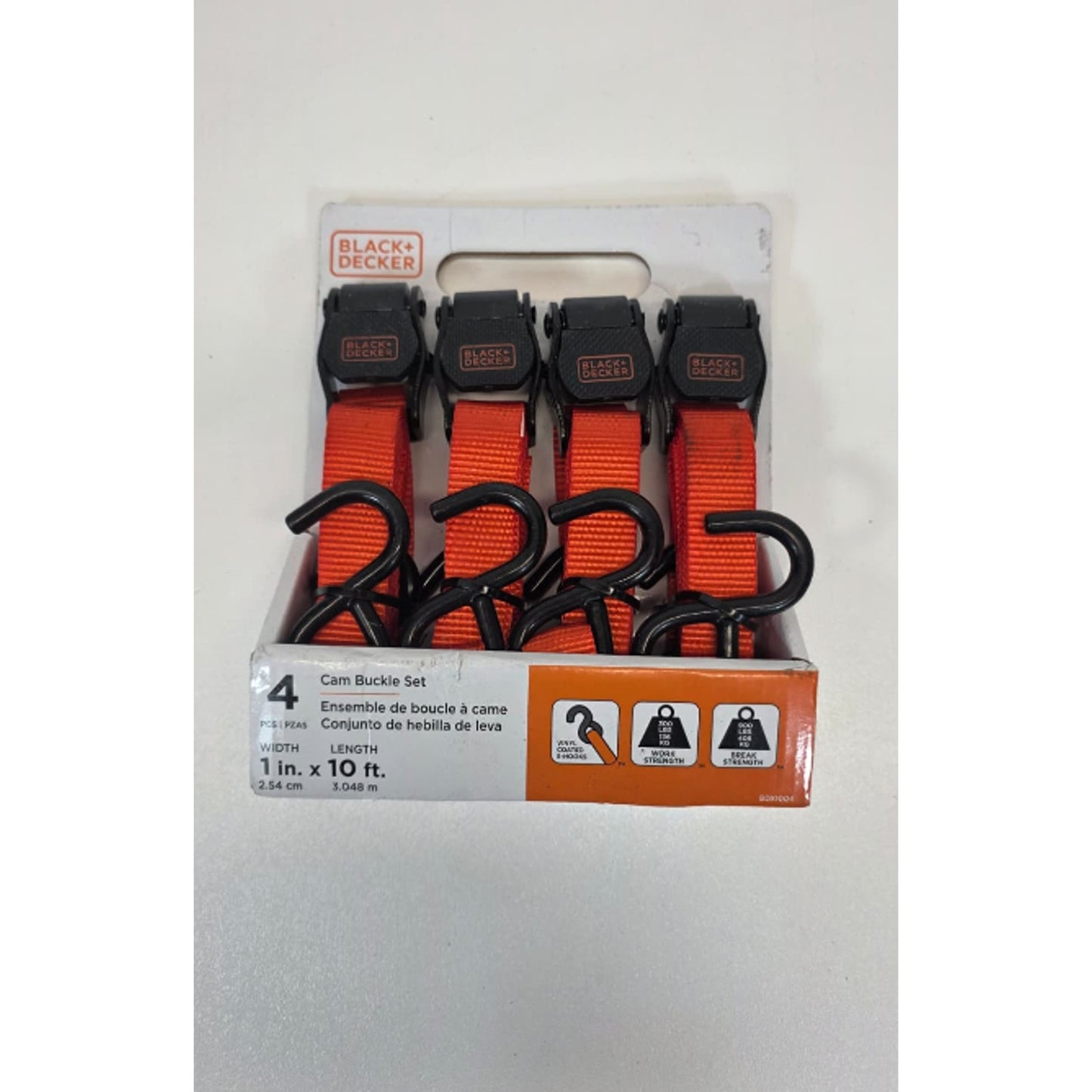 (QTY 4) BLACK+DECKER BDX1004 Black/Orange 1" x 10' Cam-Buckle Tie Down Straps