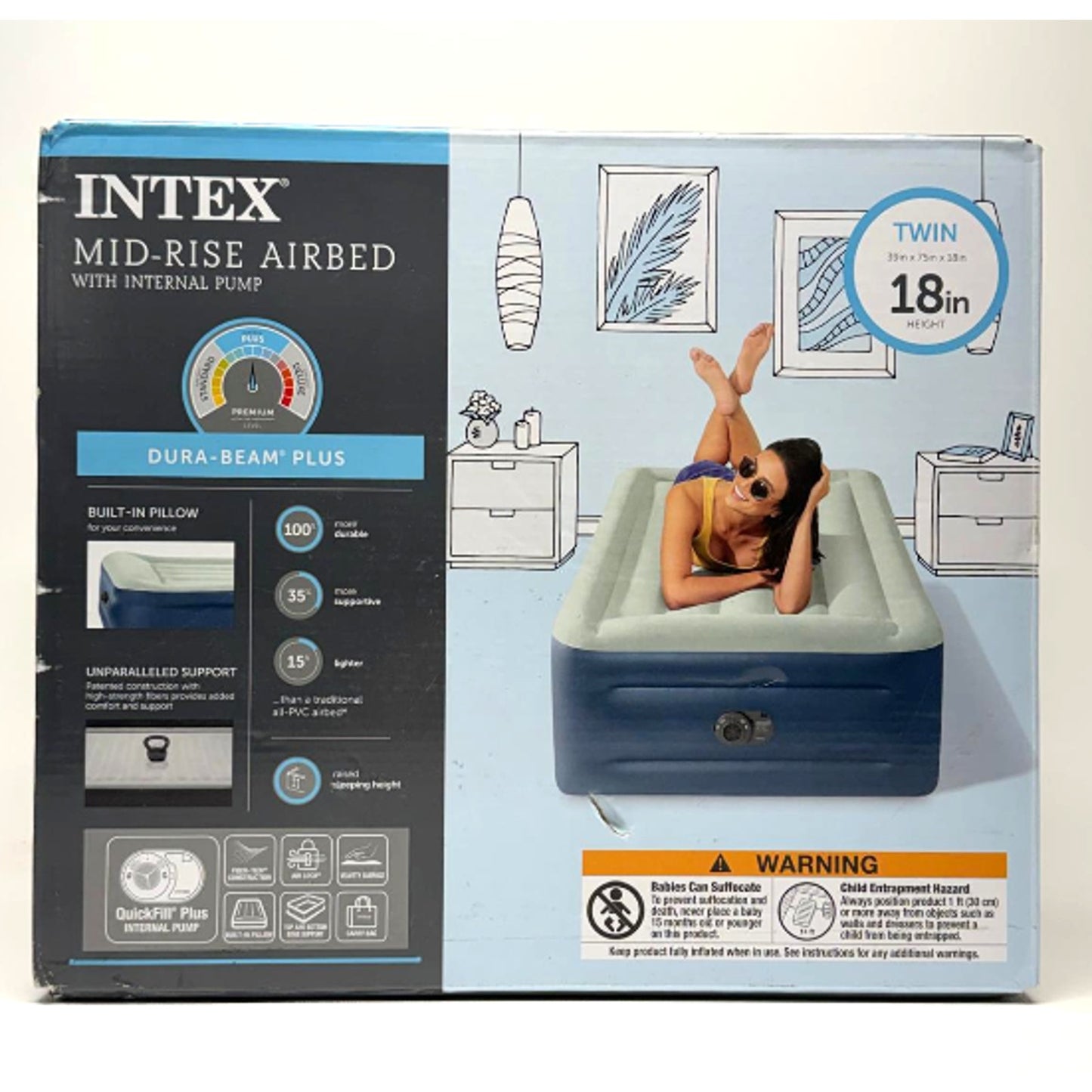 INTEX MID- RISE AIRBED WHITE/BLUE TWIN ELEVATED 18" REST INTERNAL PUMP - BLUE