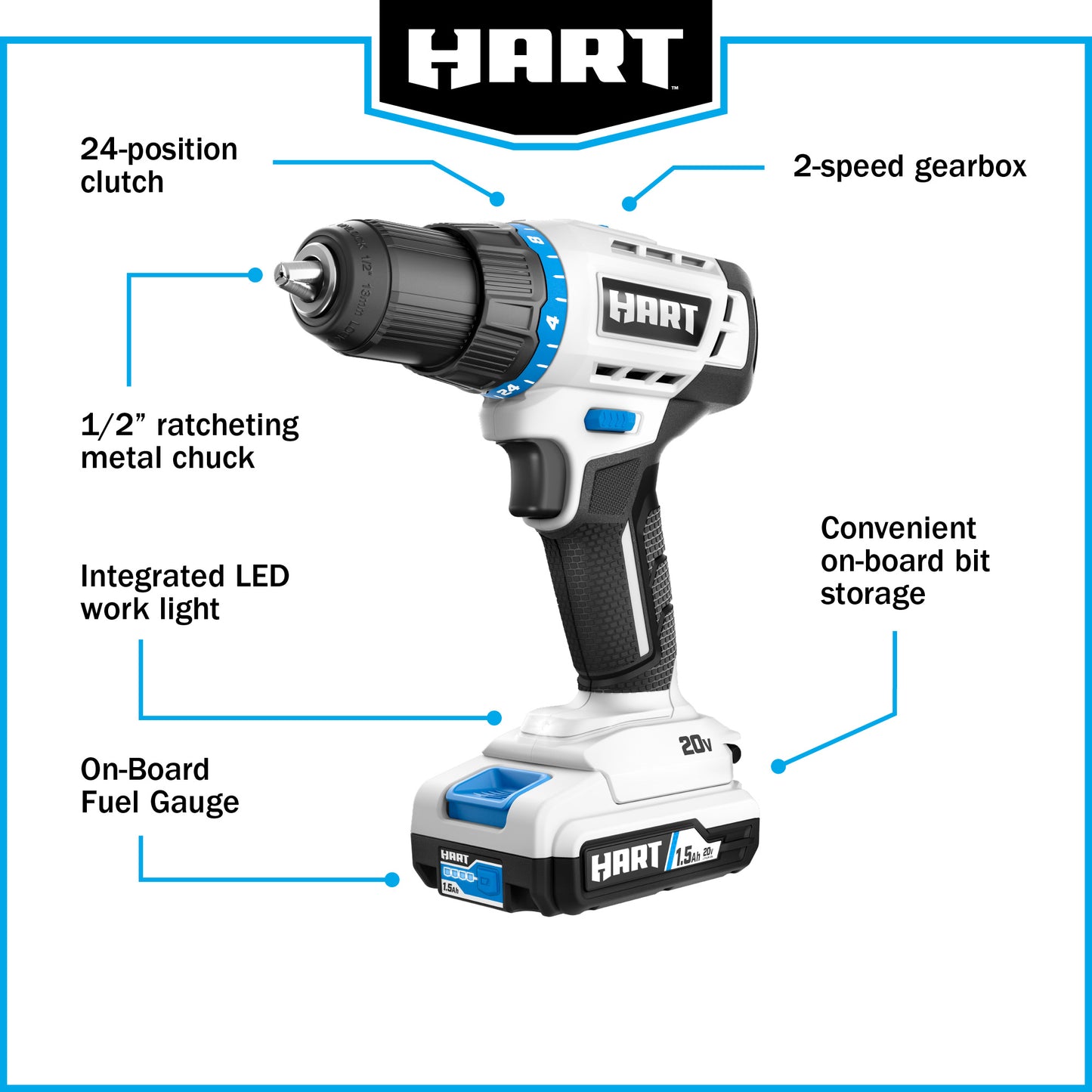 HART 20-Volt Cordless 1/2-inch Drill/Driver Kit, (2) 1.5Ah Lithium-Ion Batteries, Gen 2