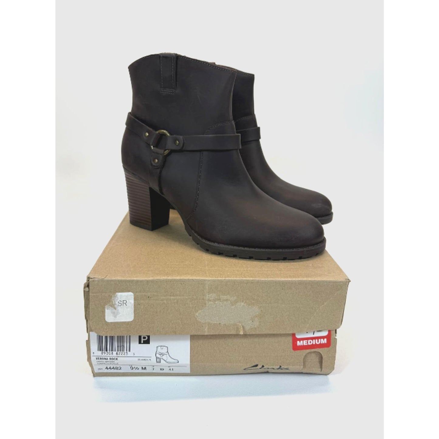 Clarks Verona Rock Ankle Leather Boots Brown Heeled Western Buckle Size 9.5