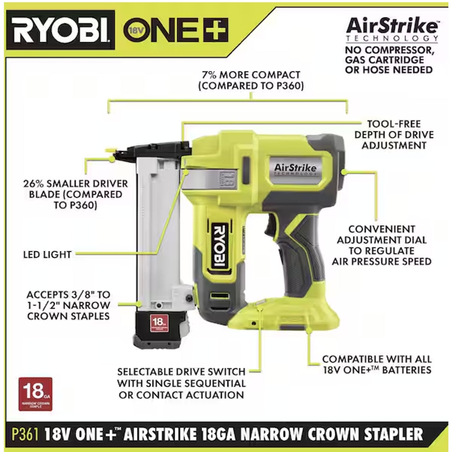 ONE+ 18V 18-Gauge Cordless AirStrike Narrow Crown Stapler (Tool Only)