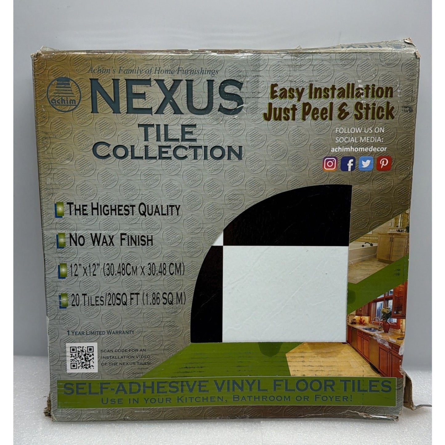 Black and White Vinyl Peel and Stick Tile Square 20 PK Luxury Flooring 12 X 12