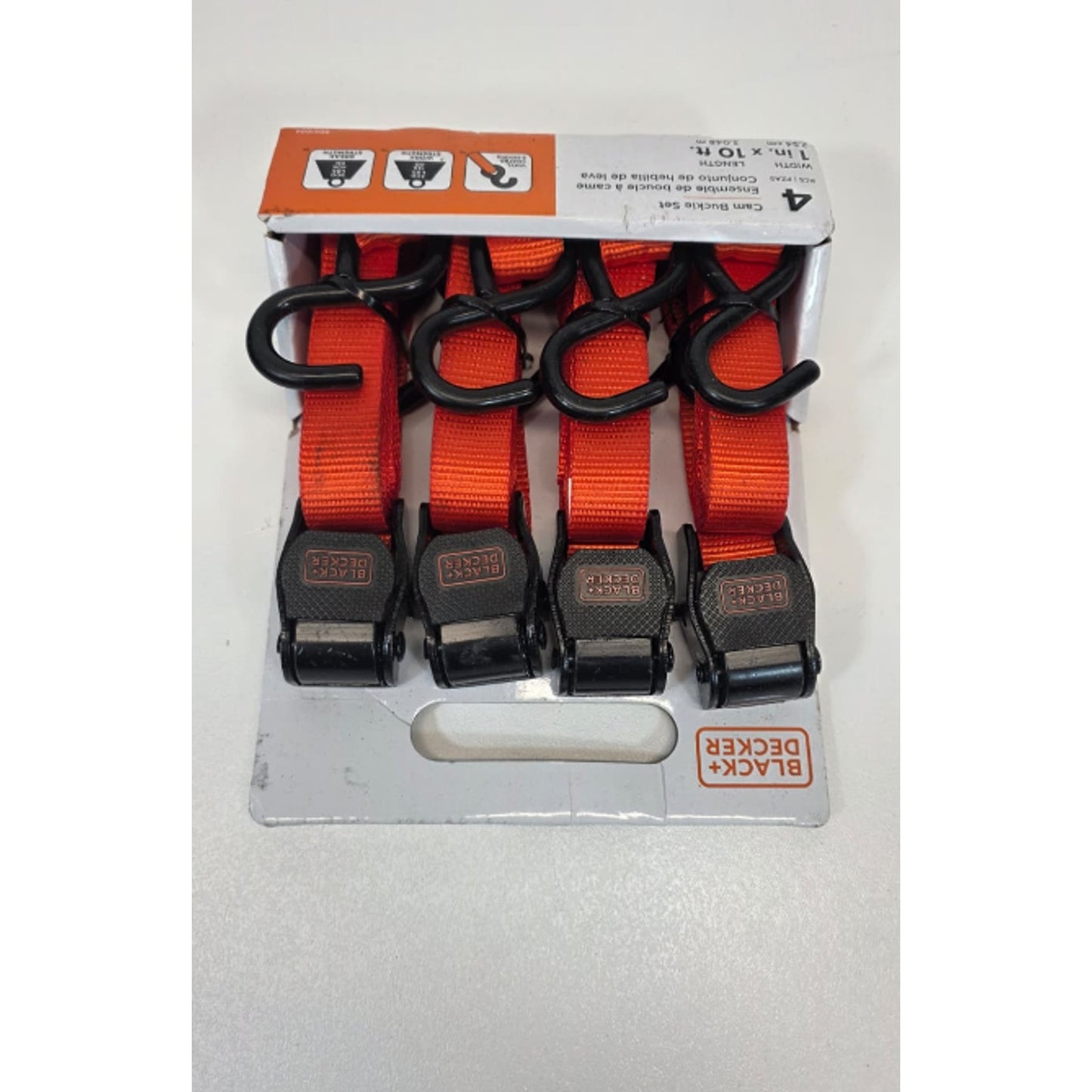 (QTY 4) BLACK+DECKER BDX1004 Black/Orange 1" x 10' Cam-Buckle Tie Down Straps