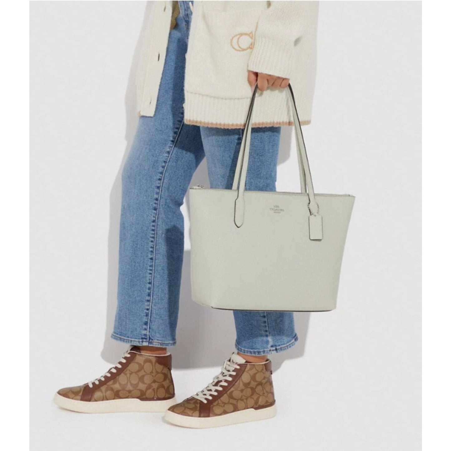 Coach Signature Crossgrain Leather Zip Top Tote Bag Light Sage 4454