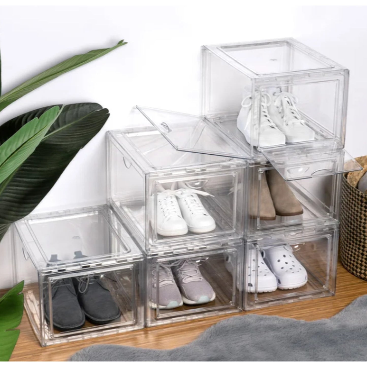 Stackable Shoebox Organizer 4-pack Clear Magnetic Door Storage