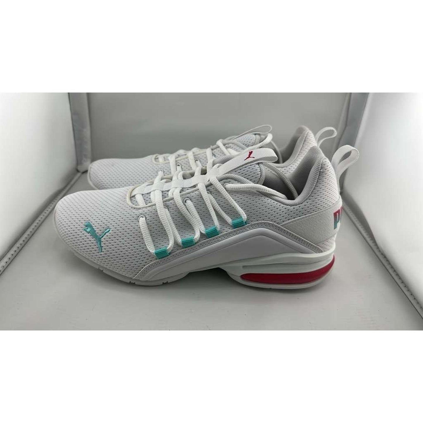 PUMA Wmn's Axelion Bright Training Shoes, White/Elektro Aqua/Bright Pink Sz 9.5