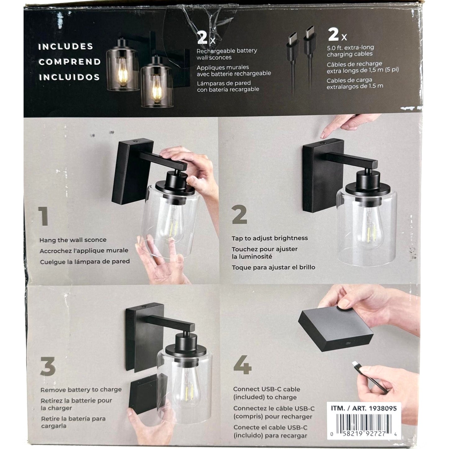 Globe 2pk Wall Sconce Lights Battery Rechargeable with Black Base