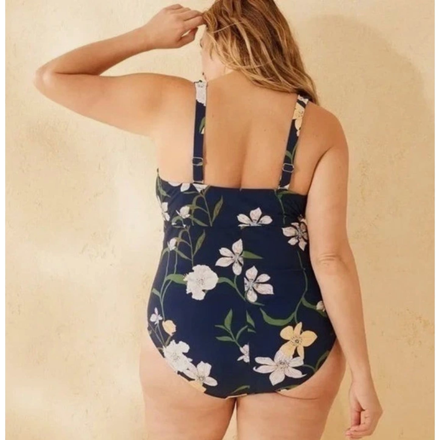 Shade & Shore Shirred Square Neck Tummy Control One Piece Blue Floral Size 22