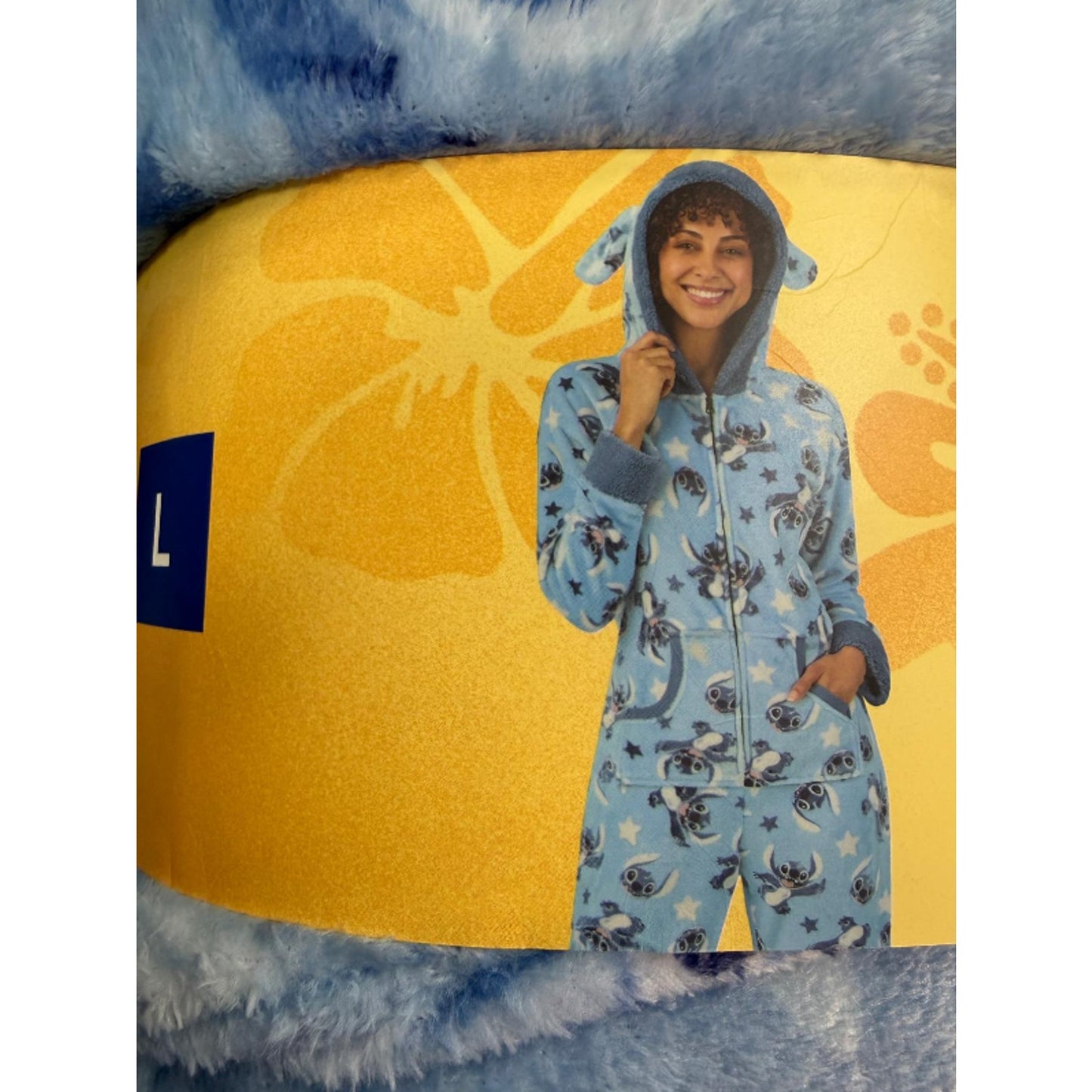 Disney Stitch Women’s One-piece Pajama Blue Jumper 3 D ears Hooded L New