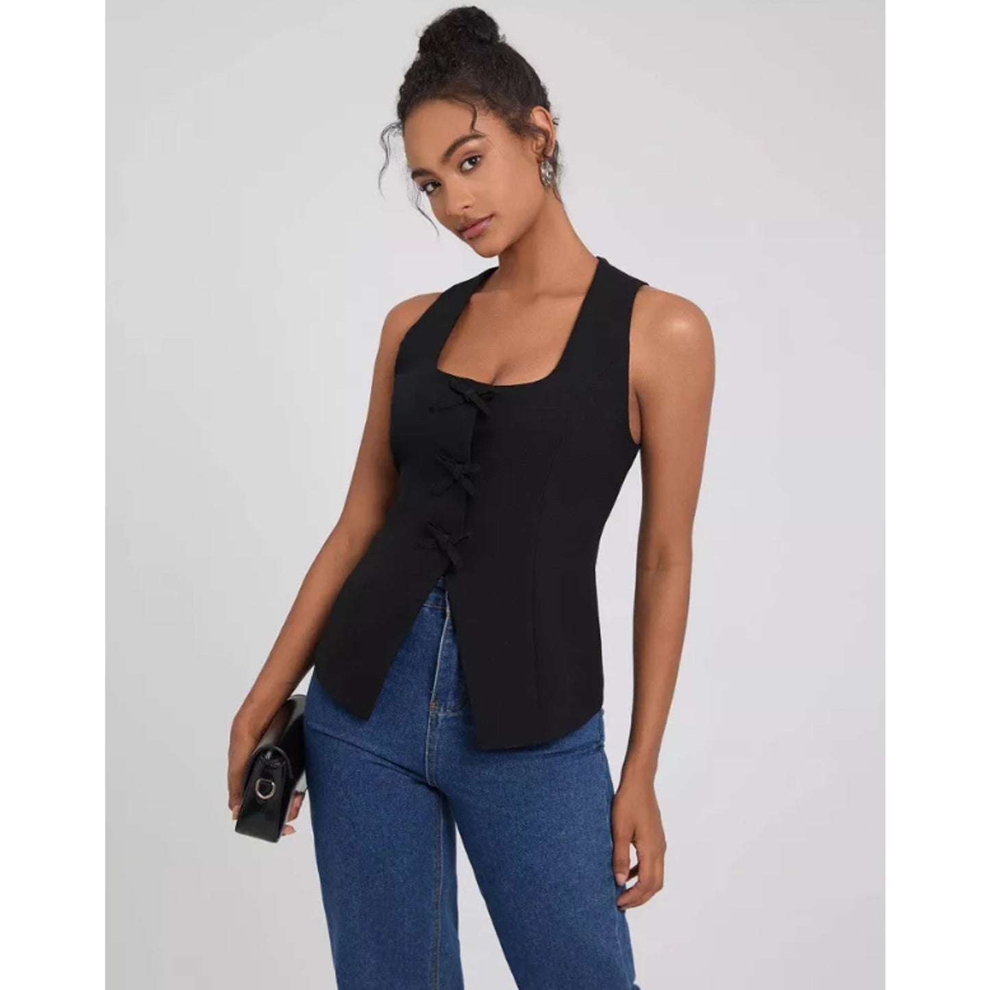 Women's Square Neck Sleeveless Front Bow Tie Closure Vest Top - A New Day™ XS