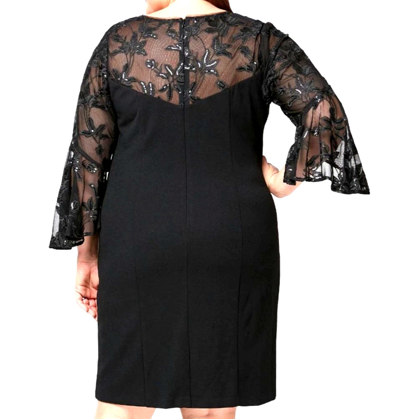 Alex Evenings Women's Black Embroidered Illusion Bell-Sleeve Dress Plus Size 16W