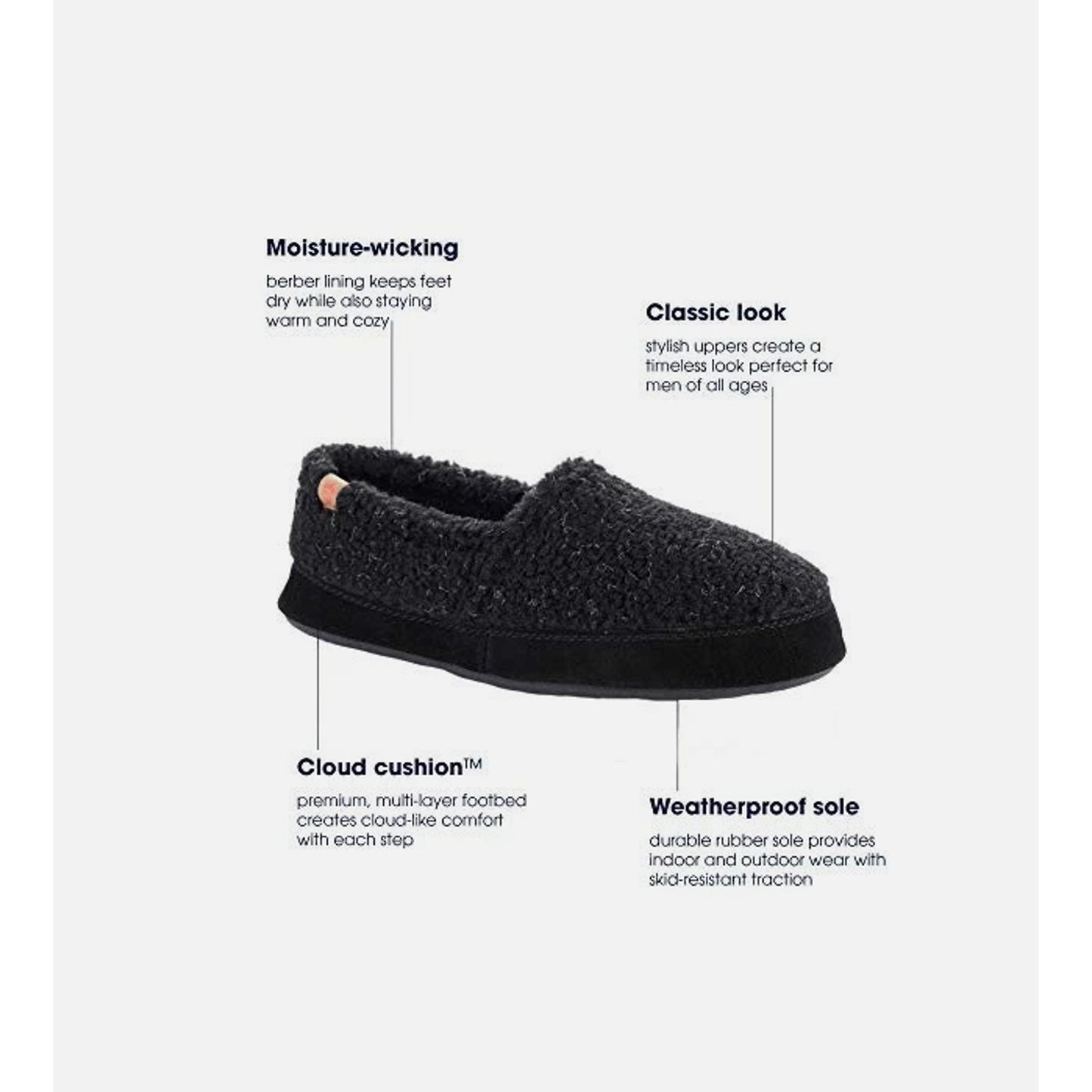 Acorn Men's Memory Foam Slippers 10.5-11.5 Black Berber
