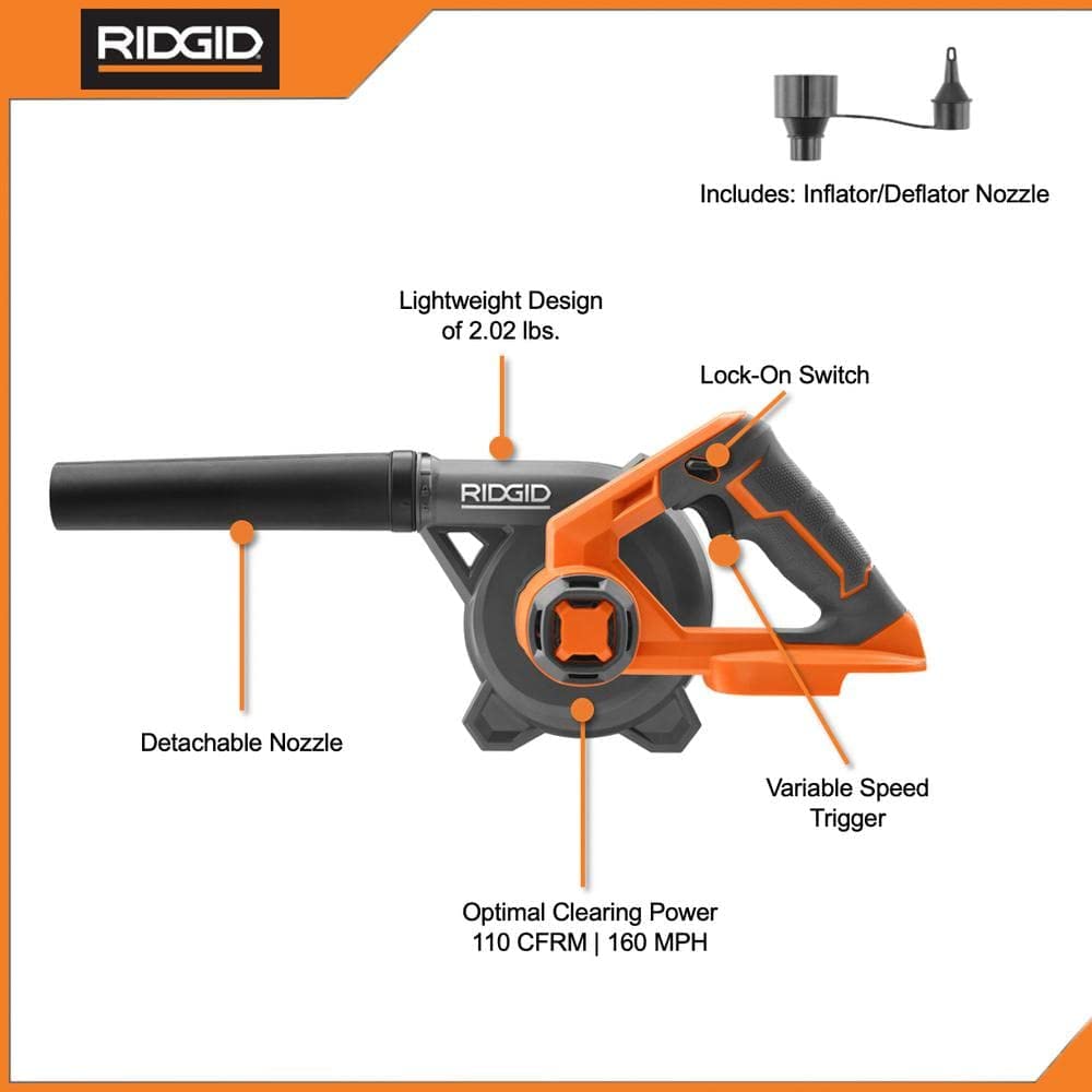 Ridgid 18V Lithium-Ion Cordless Compact Jobsite Blower with Inflator/Deflator Nozzle