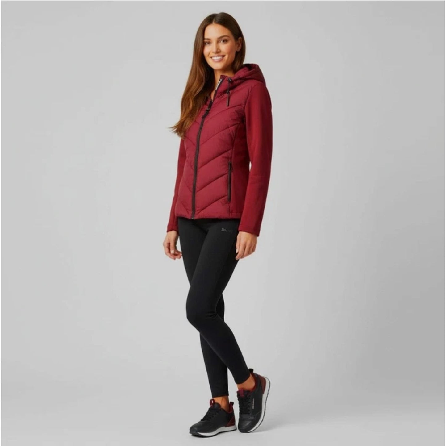 DKNY Women's Hooded Puffer Jacket Scuba Sleeves Red Size M